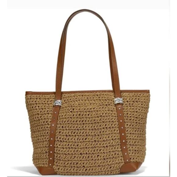 Brighton Dayton Straw Tote Womens Wheat Tan & Luggage Brown Slouchy Purse Bag - Picture 1 of 12